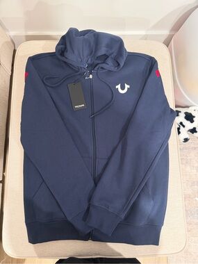 True Religion Navy Full-Zip Hoodie with White Horseshoe Logo